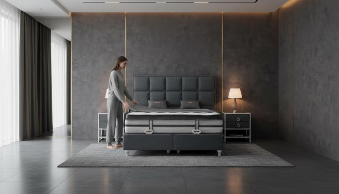 Zestaw Sypialnia Szare Łóżko Design Modern Luxury 2x Szafki nocne 3 szt