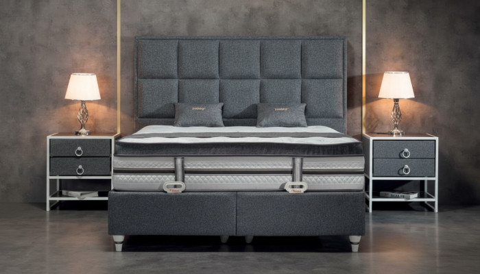 Zestaw Sypialnia Szare Łóżko Design Modern Luxury 2x Szafki nocne 3 szt