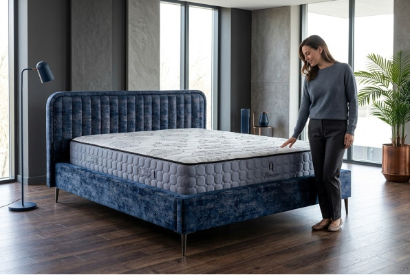 Łóżko Blue Podwójne łóżko Sypialnia Drewno Meble Design Elegancki Podkładka Materiał Nowość