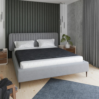 Łóżko Szare Podwójne łóżko Sypialnia Drewno Meble Design Elegancki Podkładka Materiał Nowość