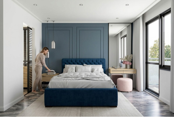 Łóżko Blue Modern Design Materiał Podkładka Sypialnia Podwójne łóżko Drewno Elegant Nowość