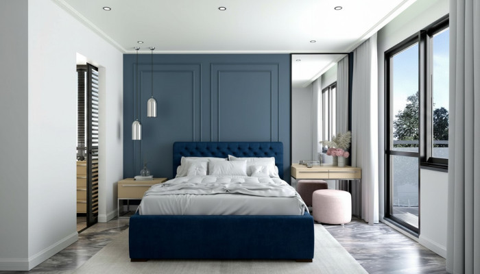 Łóżko Blue Modern Design Materiał Podkładka Sypialnia Podwójne łóżko Drewno Elegant Nowość