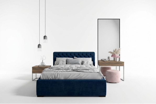 Łóżko Blue Modern Design Materiał Podkładka Sypialnia Podwójne łóżko Drewno Elegant Nowość