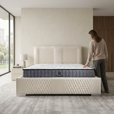 Łóżko Beige Podwójne łóżko Modern Luxury Łóżko Podkładka Materiał Sypialnia Modern New