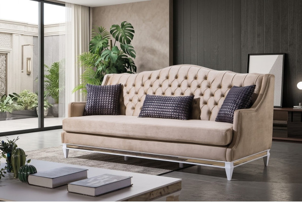 Trzyosobowa, luksusowa, tekstylna sofa Chesterfield w kolorze beżowym, designerskie kanapy z tkaniny