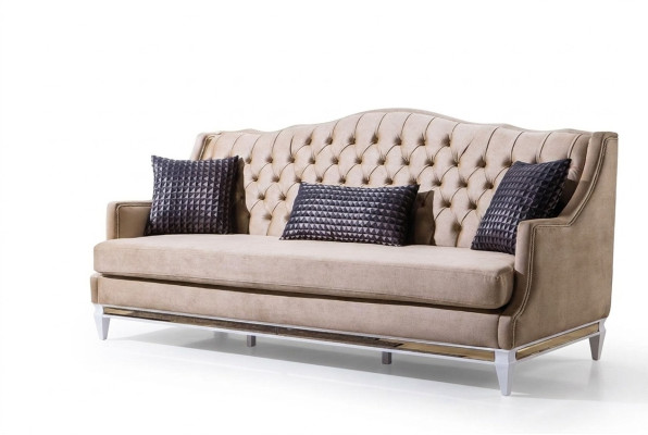 Trzyosobowa, luksusowa, tekstylna sofa Chesterfield w kolorze beżowym, designerskie kanapy z tkaniny
