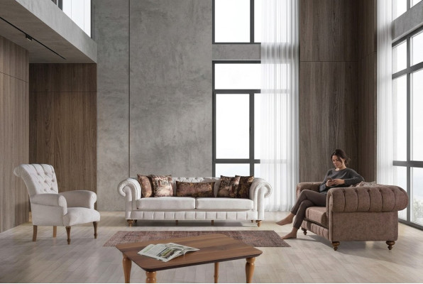 Biały - Brązowy Zestaw wypoczynkowy Chesterfield designerskie sofy luksusowe Ustaw 3+2+1