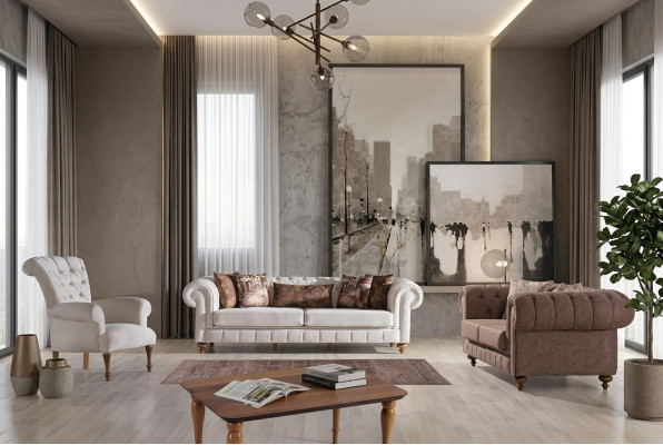 Biały - Brązowy Zestaw wypoczynkowy Chesterfield designerskie sofy luksusowe Ustaw 3+2+1