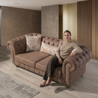 Stylowa brązowa dwumiejscowa designerska 2-osobowa kanapa Chesterfield