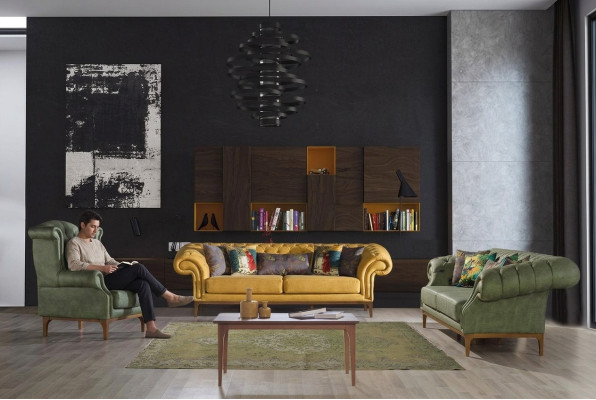 Zielono-żółty, tapicerowany designerski apartament trzyosobowy luksusowy zestaw Fotel 3+3+1