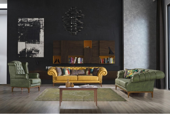 Zielono-żółty, tapicerowany designerski apartament trzyosobowy luksusowy zestaw Fotel 3+3+1