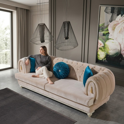 Beżowa Chesterfield Podkładka Kanapa Designerskie sofy tekstylne trzyosobowe 3-osobowe