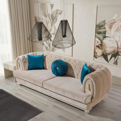 Beżowa Chesterfield Podkładka Kanapa Designerskie sofy tekstylne trzyosobowe 3-osobowe