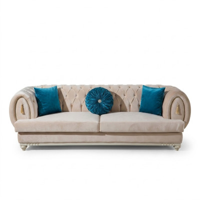 Beżowa Chesterfield Podkładka Kanapa Designerskie sofy tekstylne trzyosobowe 3-osobowe