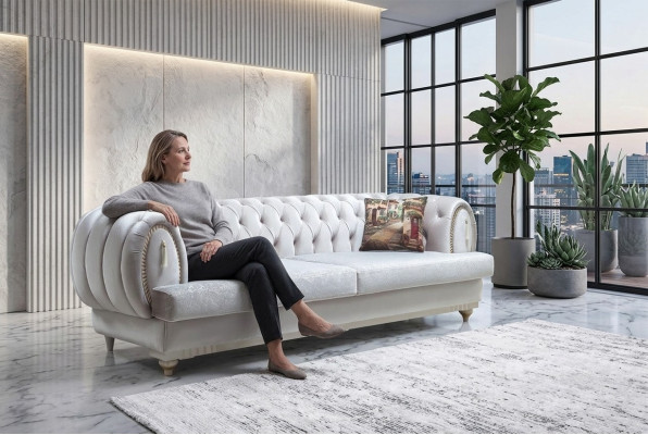 Biała trzyosobowa nowoczesna sofa Chesterfield stylowa kanapa do salonu