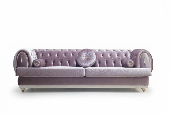 Fioletowy trzyosobowy Chesterfield designerski 3-miejsce siedzące z tapicerowaną kanapą o drewnianej ramie