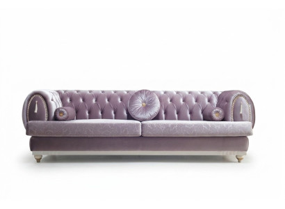 Fioletowy trzyosobowy Chesterfield designerski 3-miejsce siedzące z tapicerowaną kanapą o drewnianej ramie