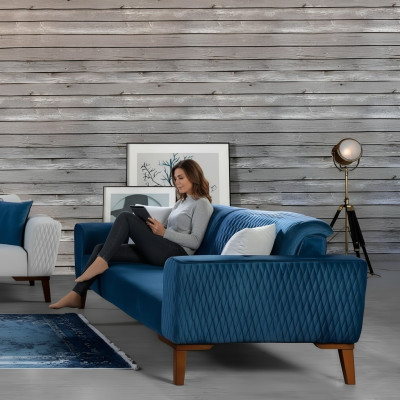 Niebieska kanapa Sofa trzyosobowa Elegancki salon Aksamit