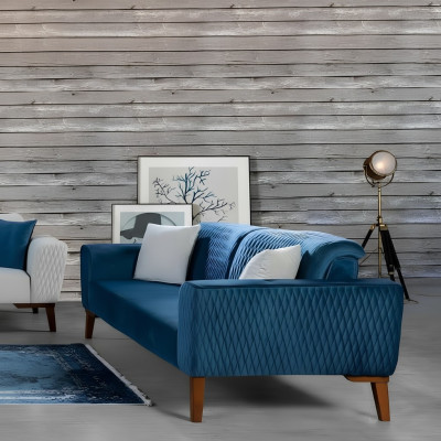 Niebieska kanapa Sofa trzyosobowa Elegancki salon Aksamit