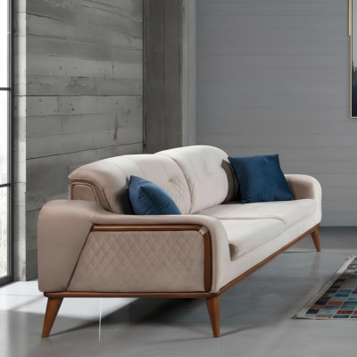Beżowa Kanapa Salonowa Trzyosobowa Sofa z Poduszką Meble Aksamit Drewno