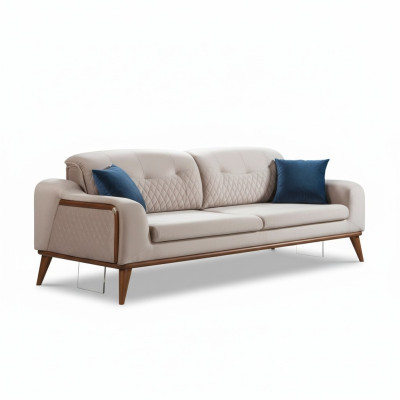 Beżowa Kanapa Salonowa Trzyosobowa Sofa z Poduszką Meble Aksamit Drewno