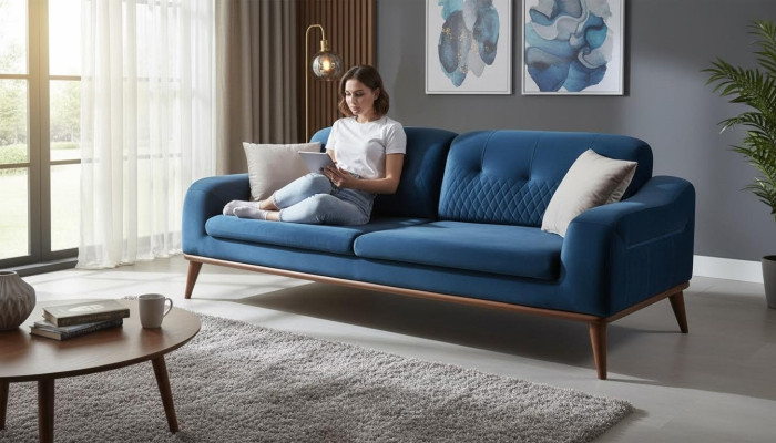 Niebieska Kanapa Sofa Trzyosobowa Poduszka do Siedziska Meble Aksamit Drewno