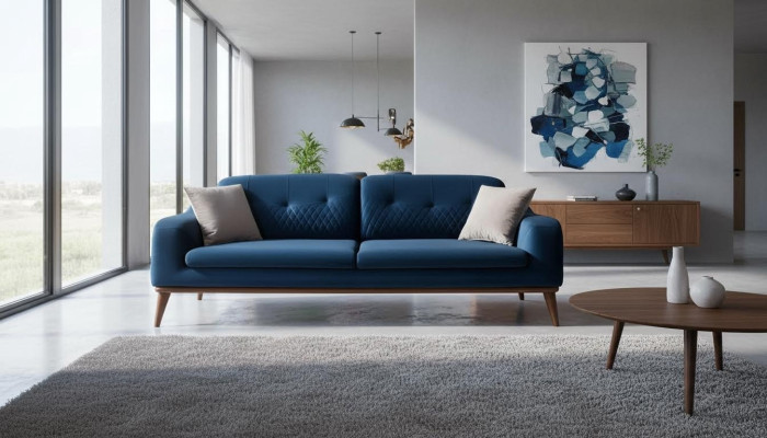 Niebieska Kanapa Sofa Trzyosobowa Poduszka do Siedziska Meble Aksamit Drewno