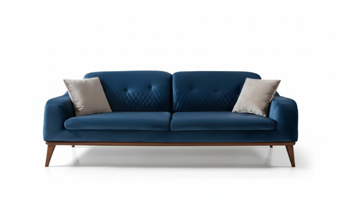 Niebieska Kanapa Sofa Trzyosobowa Poduszka do Siedziska Meble Aksamit Drewno