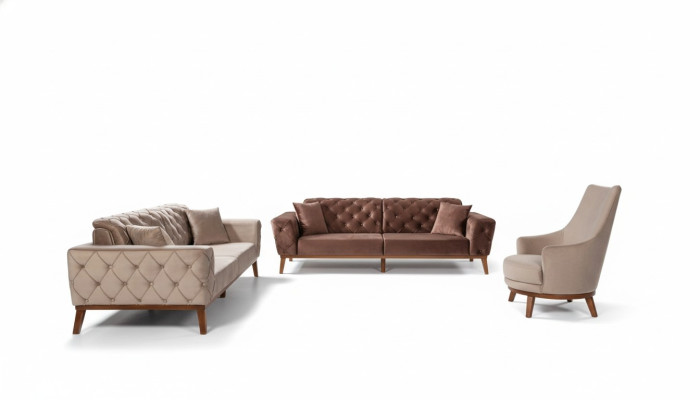 Zestaw sofowy Sofa 3+3+1 Siedziba Brown Fotel Material Chesterfield Aksamit