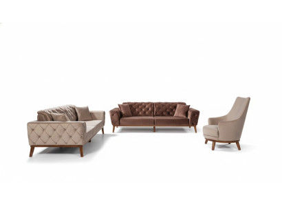 Zestaw sofowy Sofa 3+3+1 Siedziba Brown Fotel Material Chesterfield Aksamit