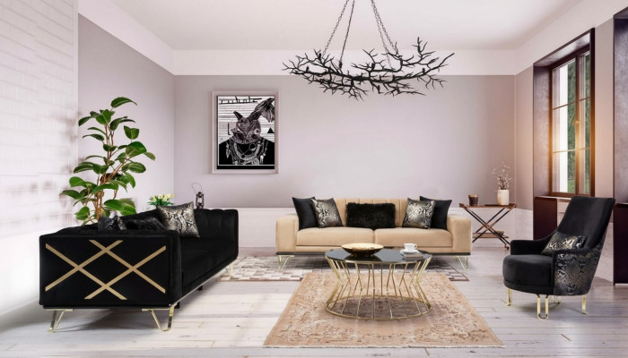 Zestaw sofowy Czarny Sofa 3+3+1 miejsce do siedzenia Fotel Elegant Metal Aksamite