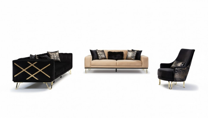 Zestaw sofowy Czarny Sofa 3+3+1 miejsce do siedzenia Fotel Elegant Metal Aksamite