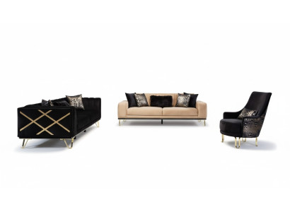 Zestaw sofowy Czarny Sofa 3+3+1 miejsce do siedzenia Fotel Elegant Metal Aksamite