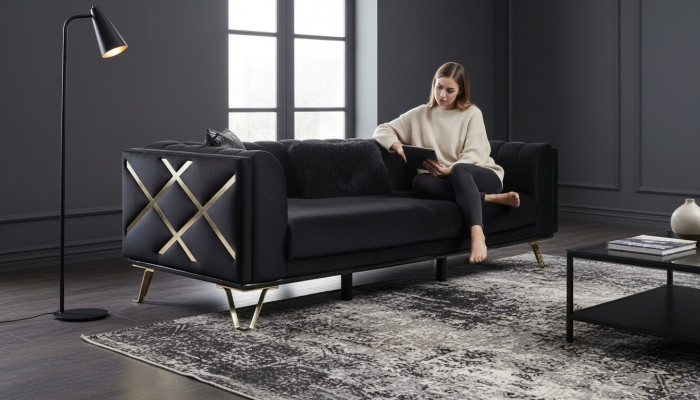 Luksusowa Sofa 3-osobowa Kanapy Trzyosobowe Włókienniczy Meble Czarny Aksamite