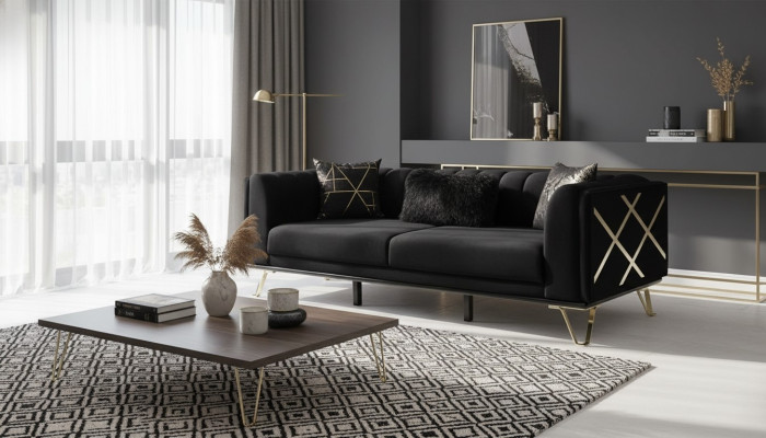 Luksusowa Sofa 3-osobowa Kanapy Trzyosobowe Włókienniczy Meble Czarny Aksamite