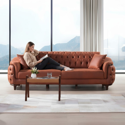 Pomarańczowa Sofa Chesterfield Sofa Trzyosobowa Meble Aksamit Drewno Podkładka na siedzisko