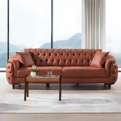 Pomarańczowa Sofa Chesterfield Sofa Trzyosobowa Meble Aksamit Drewno Podkładka na siedzisko