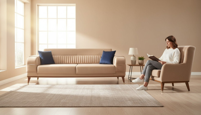 Nowoczesna Sofa 3 miejsce do siedzenia Kolor Beżowy Sofy Salon Design Style Drewno
