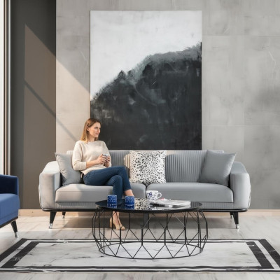 Szary Design Kanapa Sofa Aksamit Trzyosobowa Luksusowe Kanapy Meble Sofy Materiał Włókienniczy