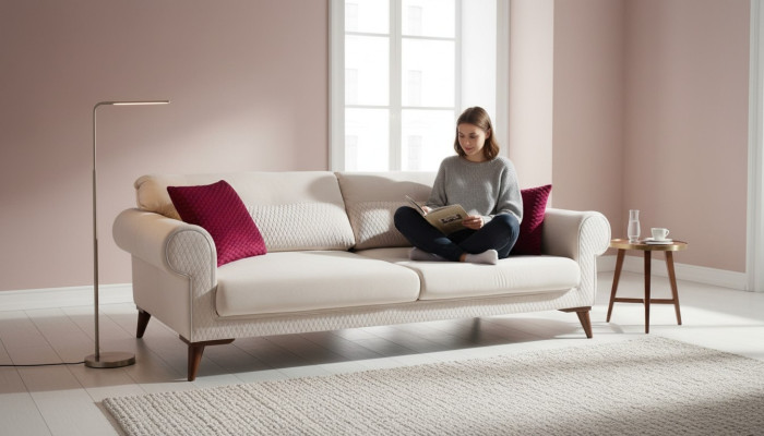 Sofa trzyosobowa 3 miejsce do siedzenia Materiał beżowa kanapa rozkładana duża Podkładka Drewno designerska nowa