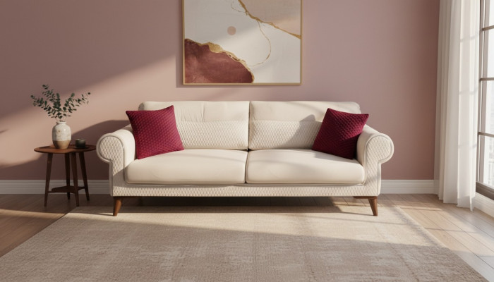 Sofa trzyosobowa 3 miejsce do siedzenia Materiał beżowa kanapa rozkładana duża Podkładka Drewno designerska nowa