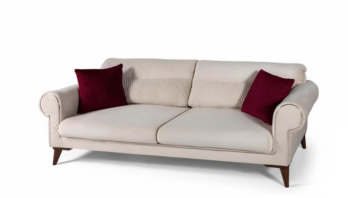 Sofa trzyosobowa 3 miejsce do siedzenia Materiał beżowa kanapa rozkładana duża Podkładka Drewno designerska nowa