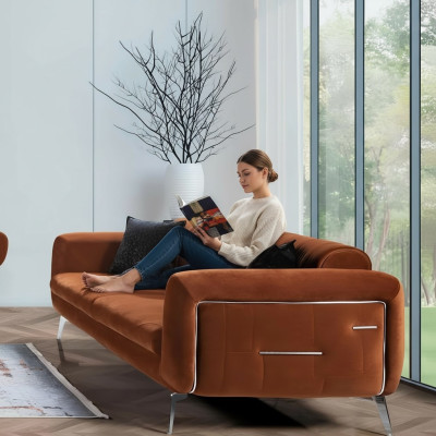 Pomarańczowa Sofa Kanapa Aksamit Trzyosobowa Luksusowa Meble Materiałowe Włókienniczy