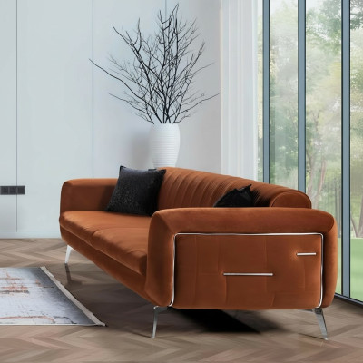 Pomarańczowa Sofa Kanapa Aksamit Trzyosobowa Luksusowa Meble Materiałowe Włókienniczy