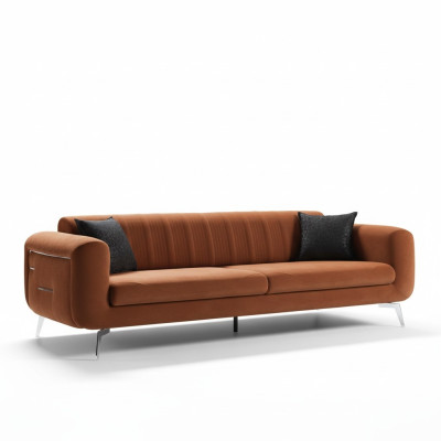 Pomarańczowa Sofa Kanapa Aksamit Trzyosobowa Luksusowa Meble Materiałowe Włókienniczy