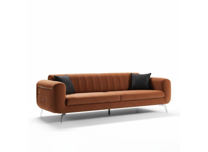 Pomarańczowa Sofa Kanapa Aksamit Trzyosobowa Luksusowa Meble Materiałowe Włókienniczy