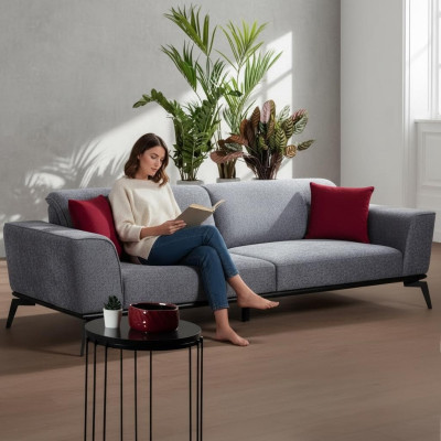 Sofa 3 miejsce do siedzenia Sofy Materiał szary Włókienniczy Podkładka Salon Włókienniczy Szary