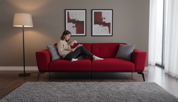Nowoczesna Sofa 3 miejsce do siedzenia Włókienniczy Burgundowa Kanapa Podkładka Trzyosobowa Czerwona