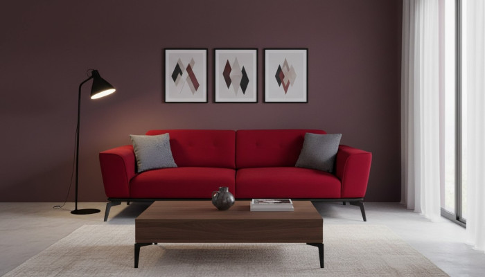 Nowoczesna Sofa 3 miejsce do siedzenia Włókienniczy Burgundowa Kanapa Podkładka Trzyosobowa Czerwona