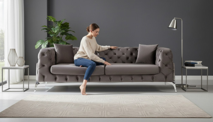 Sofa Chesterfield szara 3 osobowa sofa do salonu Włókienniczy Podkładka